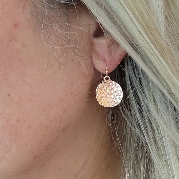 Hammered Copper Rose Gold Disc Drop Earrings - Picture 1 of 7